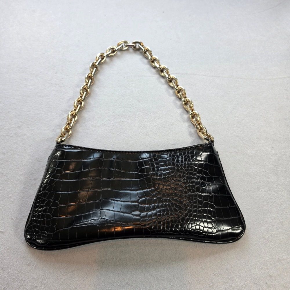 Zara Black Croc Baguette Bag Gold Chain Y2K 90s Minimalist Shoulder Handbag